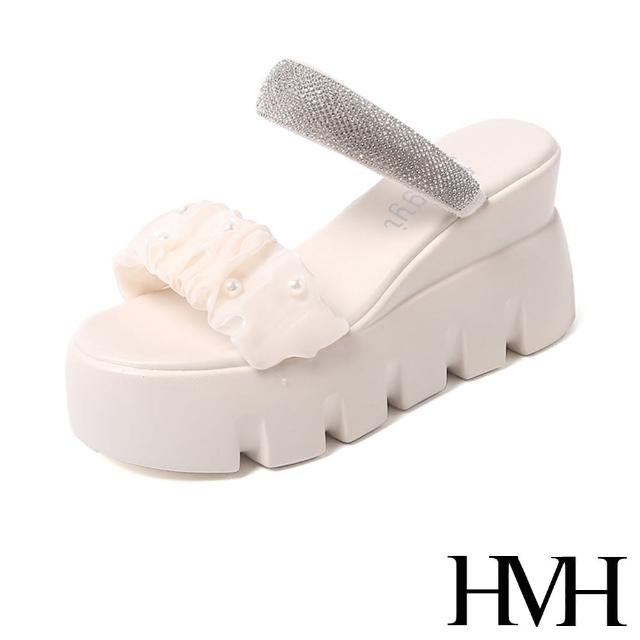 【HMH】坡跟拖鞋 厚底拖鞋 珍珠拖鞋/優雅珍珠鑽帶坡跟厚底拖鞋(米)