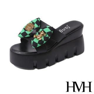 【HMH】坡跟拖鞋 厚底拖鞋 蝴蝶結拖鞋/黑綠撞色格子蝴蝶結坡跟厚底拖鞋(黑)