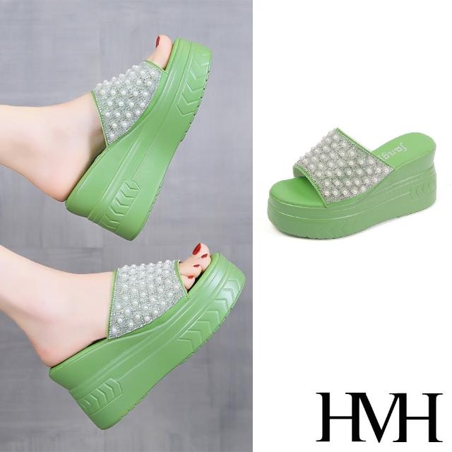 【HMH】坡跟拖鞋 厚底拖鞋 美鑽拖鞋/閃耀美鑽珍珠坡跟厚底拖鞋(綠)