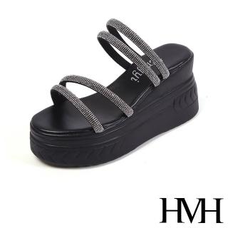 【HMH】坡跟拖鞋 厚底拖鞋 美鑽拖鞋/閃耀美鑽線條坡跟厚底涼拖鞋(黑)