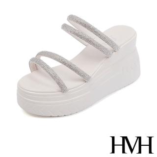 【HMH】坡跟拖鞋 厚底拖鞋 美鑽拖鞋/閃耀美鑽線條坡跟厚底涼拖鞋(米)