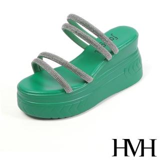 【HMH】坡跟拖鞋 厚底拖鞋 美鑽拖鞋/閃耀美鑽線條坡跟厚底涼拖鞋(綠)