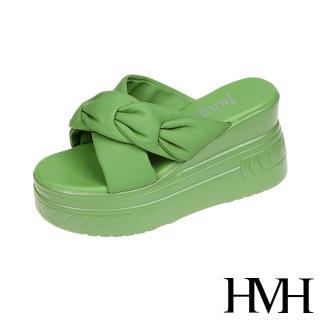 【HMH】坡跟拖鞋 厚底拖鞋 交叉拖鞋/時尚百搭交叉抓褶造型坡跟厚底拖鞋(綠)