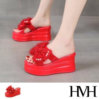 【HMH】坡跟拖鞋 厚底拖鞋 蝴蝶結拖鞋/可愛毛毛蝴蝶結造型坡跟厚底拖鞋(紅)