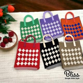 【Bliss BKK】菱格斜跨手提針織包 針織包 琴譜包 方包 斜背包 手提包(6色可選)