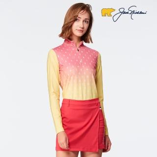 【Jack Nicklaus 金熊】GOLF女款彈性吸濕排汗立領衫數位印花/高爾夫球衫(黃色)