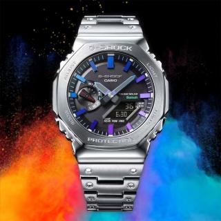【CASIO 卡西歐】G-SHOCK 彩虹光譜 八角 全金屬太陽能藍芽雙顯手錶 畢業禮物(GM-B2100PC-1A)