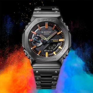 【CASIO 卡西歐】G-SHOCK 彩虹光譜 八角 全金屬太陽能藍芽雙顯手錶 畢業禮物(GM-B2100BPC-1A)
