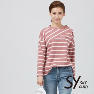 【SKY YARD】網路獨賣款-條紋斜剪拼接長袖上衣(紅白)