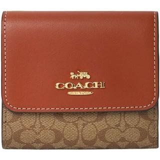 【COACH】紅棕X卡其PVC滿版LOGO三折式零錢袋短夾