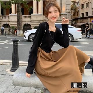 【JILLI-KO】復古溫柔風方領撞色收腰顯瘦氣質連衣裙-F(卡/黑)