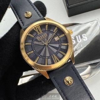 【VERSUS】VERSUS凡賽斯男錶型號VV00381(黑色幾何立體圖形錶面金色錶殼寶藍真皮皮革錶帶款)
