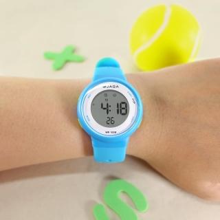 【JAGA 捷卡】電子運動 冷光照明 計時碼錶 鬧鈴 防水100米 透氣矽膠手錶 淺藍色 36mm(M1214-EE)