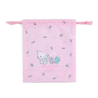 【SANRIO 三麗鷗】棉質抽繩束口袋 縮口袋 S Hello Kitty 花朵