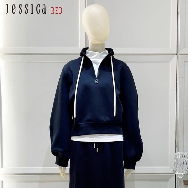 【Jessica Red】休閒百搭拉鏈抽繩套頭棉T R35601（黑）