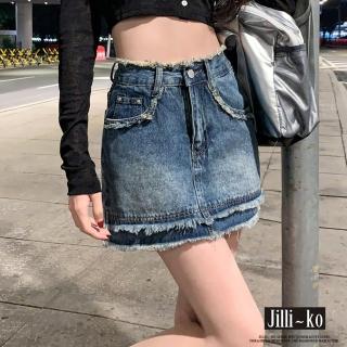【JILLI-KO】高腰A字型半身合身毛邊牛仔包臀短裙-M/L/XL(藍)