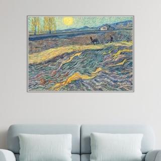 《田野裡犁地的農夫》梵谷．後印象派 世界名畫 經典名畫 風景油畫-白框60x80CM