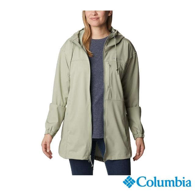 【Columbia 哥倫比亞 官方旗艦】女款-Flora Park軟殼長版連帽外套-灰綠(UWR76260GG/HF)