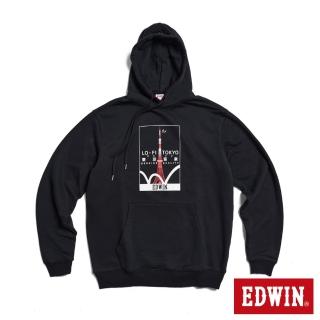 【EDWIN】男女裝 東京散策系列 東京音樂連帽長袖T恤(黑色)
