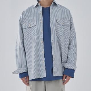 【Queenshop】男裝 長袖 前雙口袋橫條紋設計純棉襯衫 兩色售 M/L/XL 現+預 01025223