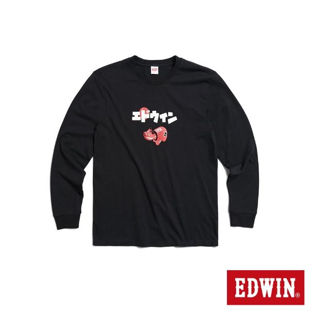 【EDWIN】男女裝 東京散策系列 童趣紅牛長袖T恤(黑色)