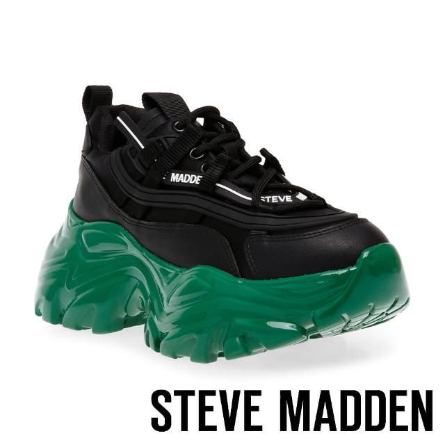 【STEVE MADDEN】RECOUPE 厚底綁帶拼接休閒老爹鞋(黑綠色)