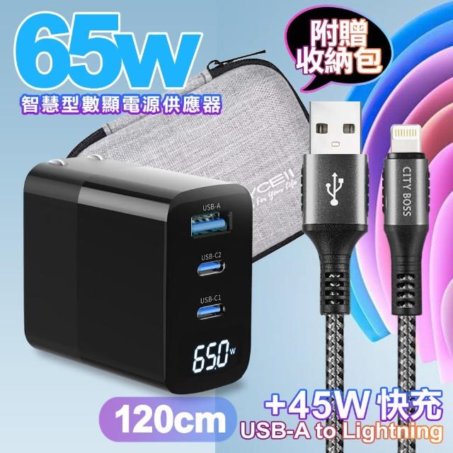 【MYCELL】65W氮化鎵GDK55T 黑色+勇固線耐彎折編織線USB-iphone/ipad-120cm