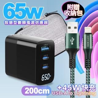 【MYCELL】65W氮化鎵GDK55T 黑色+勇固線耐彎折編織線USB-iphone/ipad-200cm