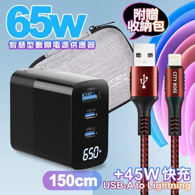 【MYCELL】65W氮化鎵GDK55T 黑色+勇固線耐彎折編織線USB-iphone/ipad-150cm