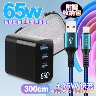 【MYCELL】65W氮化鎵GDK55T 黑色+勇固線耐彎折編織線USB-iphone/ipad-300cm