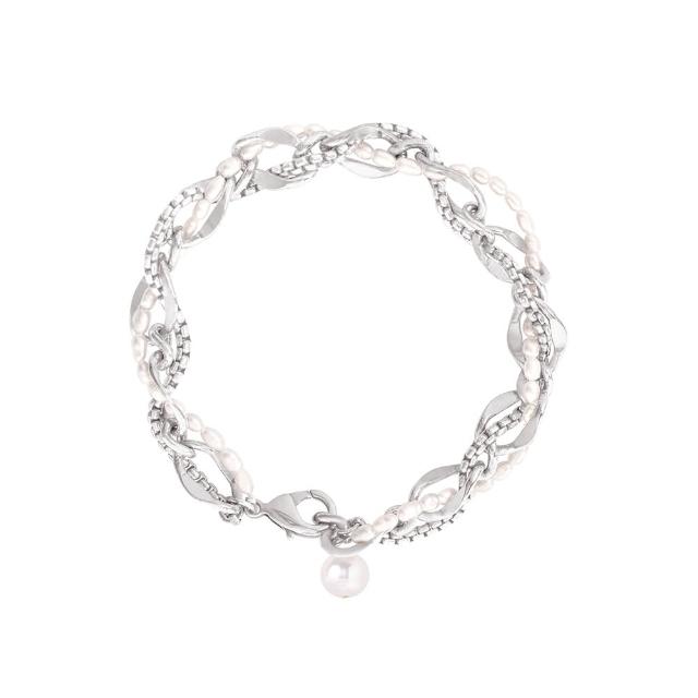 【Olivia Yao Jewellery】編織鎖鍊珍珠銀色手環(銀色手環)