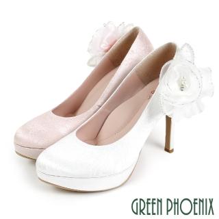 【GREEN PHOENIX 波兒德】女款蕾絲緹花拆式立體造型花朵全真皮高跟婚鞋(粉紅、白色)