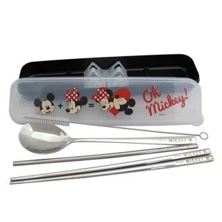 【小禮堂】Disney 迪士尼 米奇米妮 盒裝不鏽鋼兩件式餐具吸管組《黑.親親》環保餐具.環保吸管