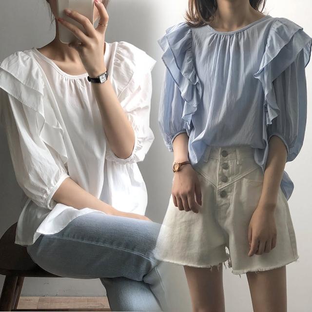 【Alishia】寬鬆舒適圓領荷葉邊襯衫(現+預  白色 / 藍色)