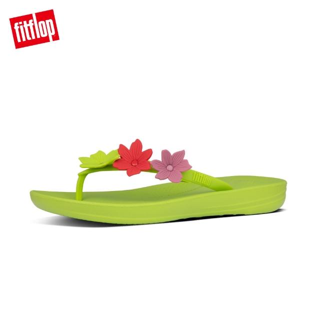 【FitFlop】IQUSHION FLORAL FLIP-FLOPS 花飾輕量人體工學戲水夾腳拖-女(檸檬綠)