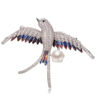【RJNewYork】自由飛翔小燕子彩色珍珠水鑽2用胸針別針(白金色)