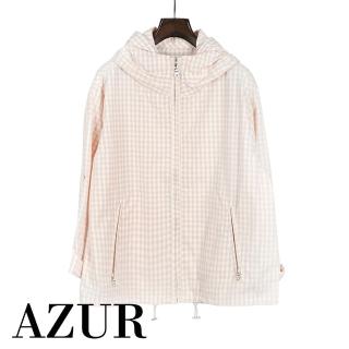 【AZUR】粉嫩暖春防風抽繩格紋連帽外套