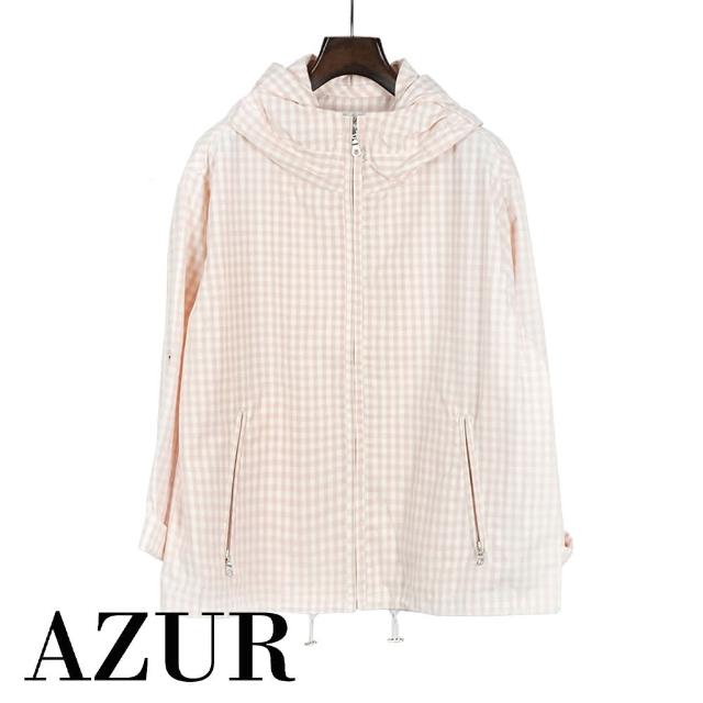 【AZUR】粉嫩暖春防風抽繩格紋連帽外套