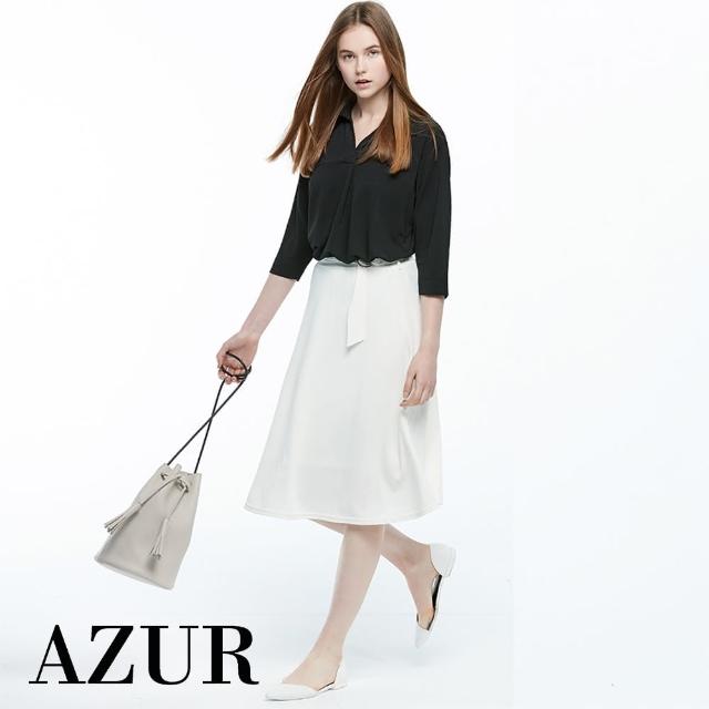 【AZUR】巴黎都會女人優雅腰帶扣環圓裙