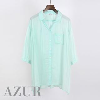 【AZUR】日系休閒棉麻透氣七分袖襯衫-冷綠