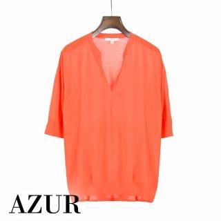 【AZUR】慵懶小V領打摺造型針織上衣-橘