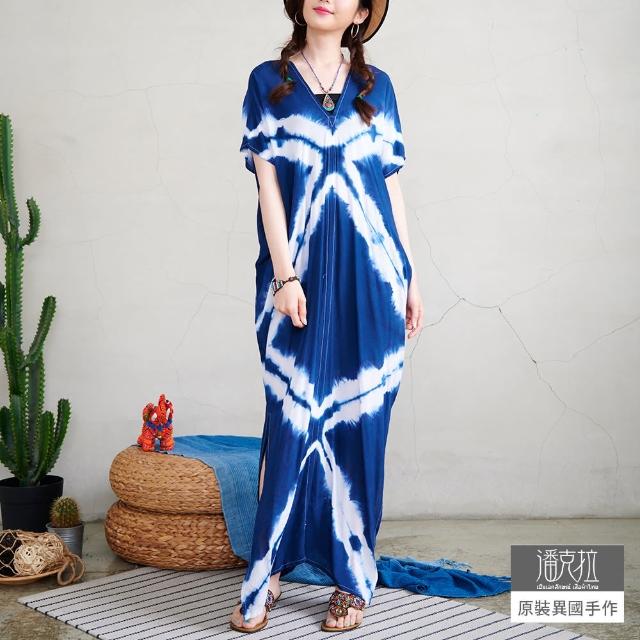 【潘克拉】藍染幾何紋Y字領純棉連衣裙F(藍)