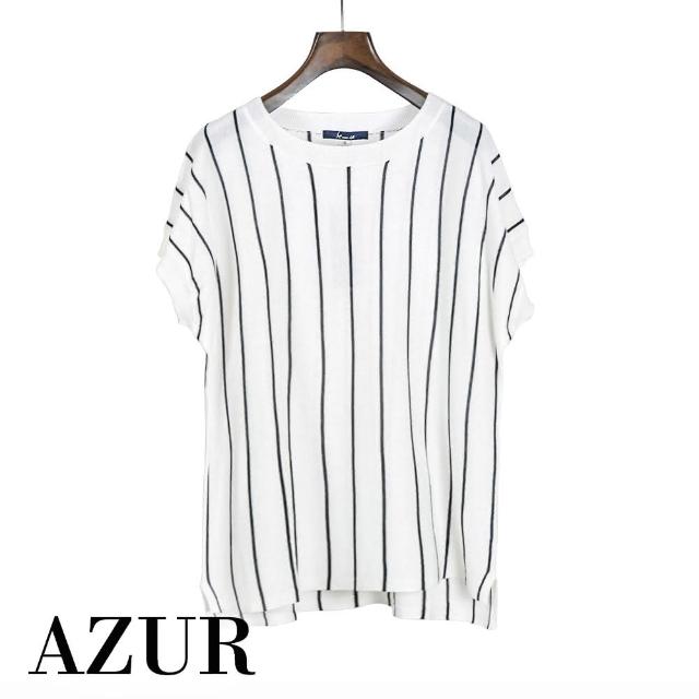 【AZUR】休閒圓領條紋針織上衣-白