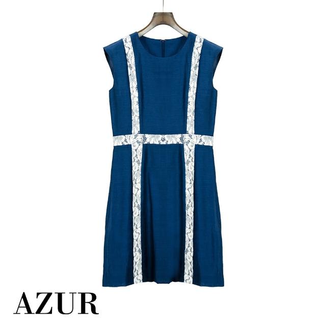 【AZUR】摩登獨特印花剪裁洋裝-深藍