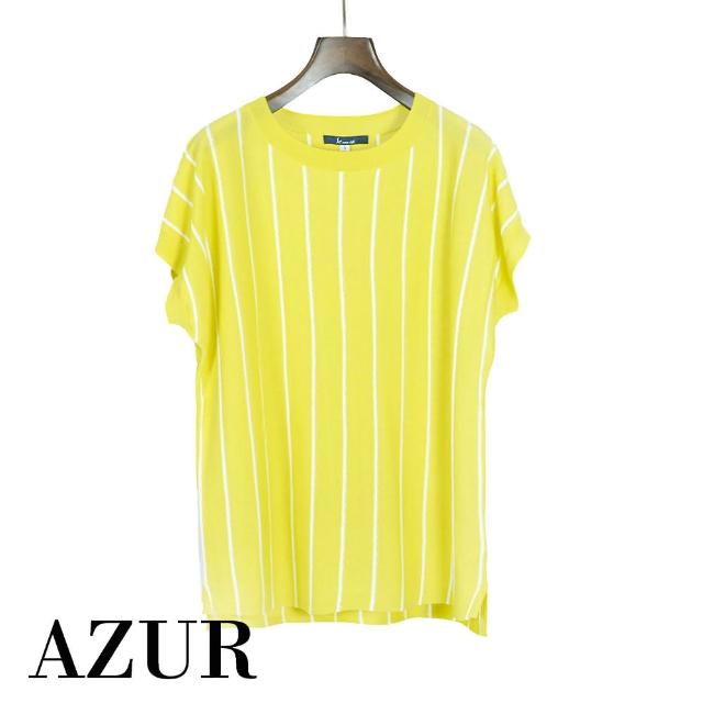 【AZUR】休閒圓領條紋針織上衣-淺黃