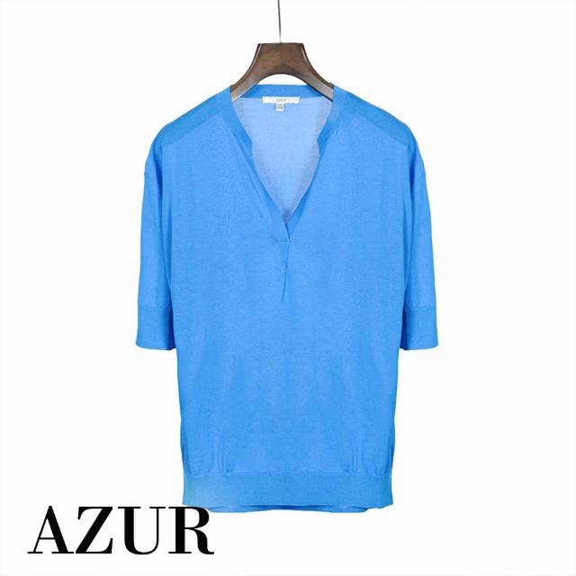 【AZUR】慵懶小V領打摺造型針織上衣-土耳其藍