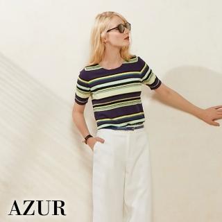 【AZUR】摩登時髦條紋撞色針織上衣