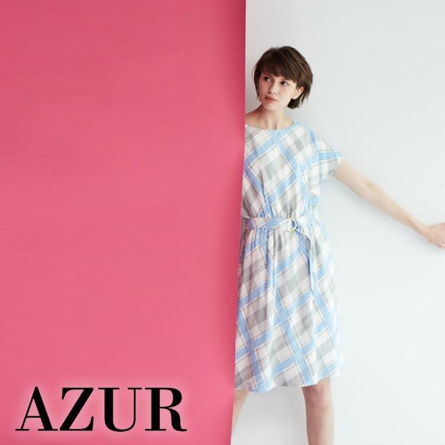 【AZUR】典雅絲質格紋腰帶洋裝