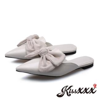 【KissXXX】尖頭漆皮大蝴蝶結飾造型甜美低跟包頭拖鞋 穆勒鞋(白)