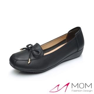 【MOM】真皮頭層牛皮氣質蝴蝶結飾軟底舒適坡跟鞋(黑)